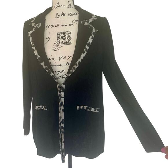 MING WANG BLAZER KNIT TAILORED BLACK LEOPARD TRIM SZ M SHOULDER PADDED AESTHETIC - Picture 13 of 16